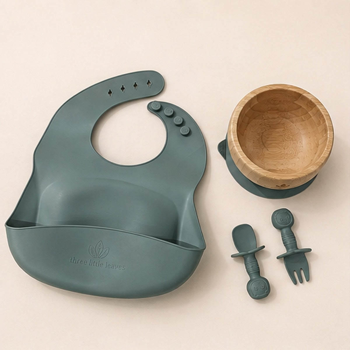 Stylish baby weening set, plastic free. Bamboo bowl and silicone bib and cutlery