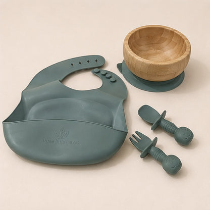 Stylish baby weening set, plastic free. Bamboo bowl and silicone bib and cutlery
