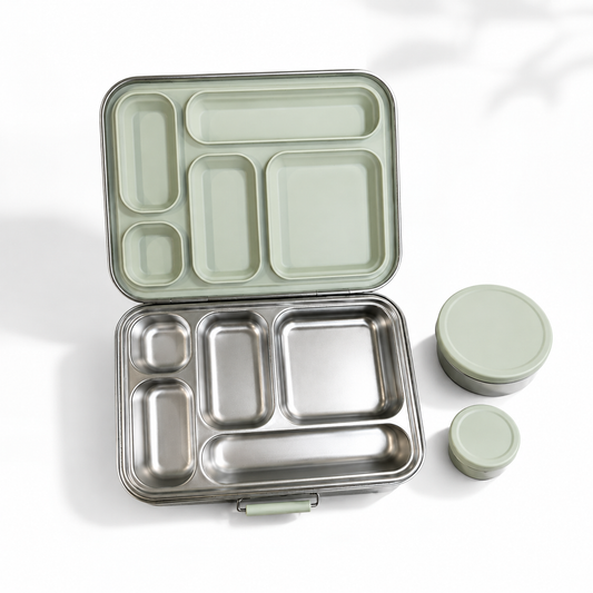 Stainless steel, plastic free, lunch box in a bento box style. Great for children going back to school 