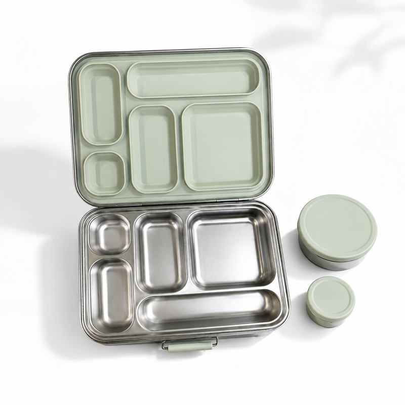 Stainless steel, plastic free, lunch box in a bento box style. Great for children going back to school 