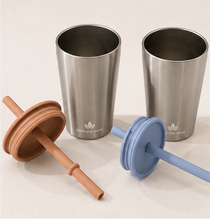 Plastic-free children's stainless steel cup with silicone straw and lid.  Stylish, in pink and blue
