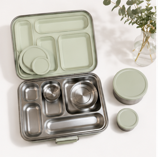 Stainless steel, plastic free, lunch box in a bento box style. Great for children going back to school 
