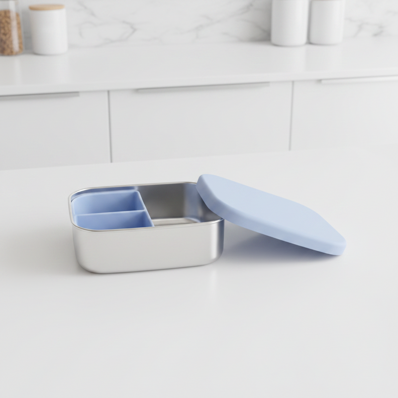 Stainless Steel packed lunch box with 3 segments to seperate your childs food, sustainable and safe for children